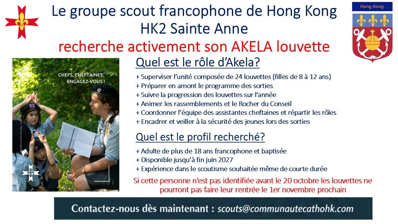 Le groupe scouts Francophone HK2 Sainte Anne recherche activement son AKELA Louvette