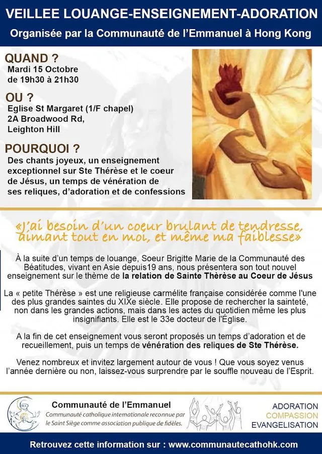La communauté de l’Emmanuel vous invite à une soirée d’enseignement et de louange le 15 octobre