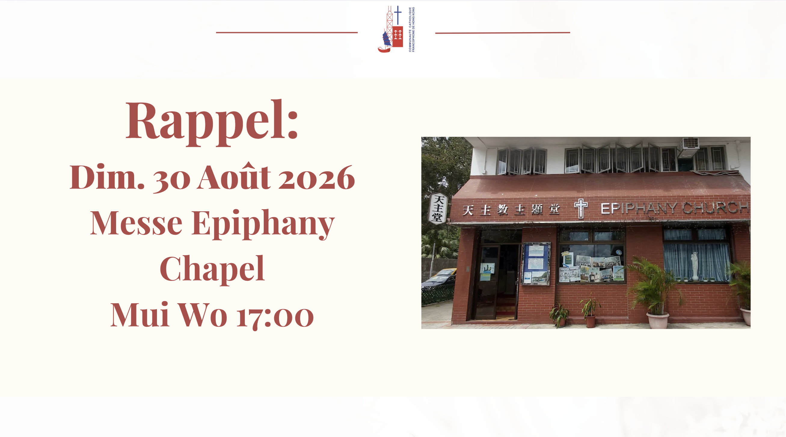 Messe Dimanche 30 Août 2026 à Mui Wo